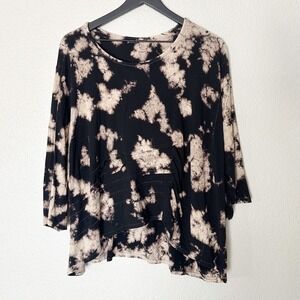 Dress to Kill Top Bleach Tie Dye Black 3/4 Sleeve Hi Lo Hem Lagenlook Artsy  O/S